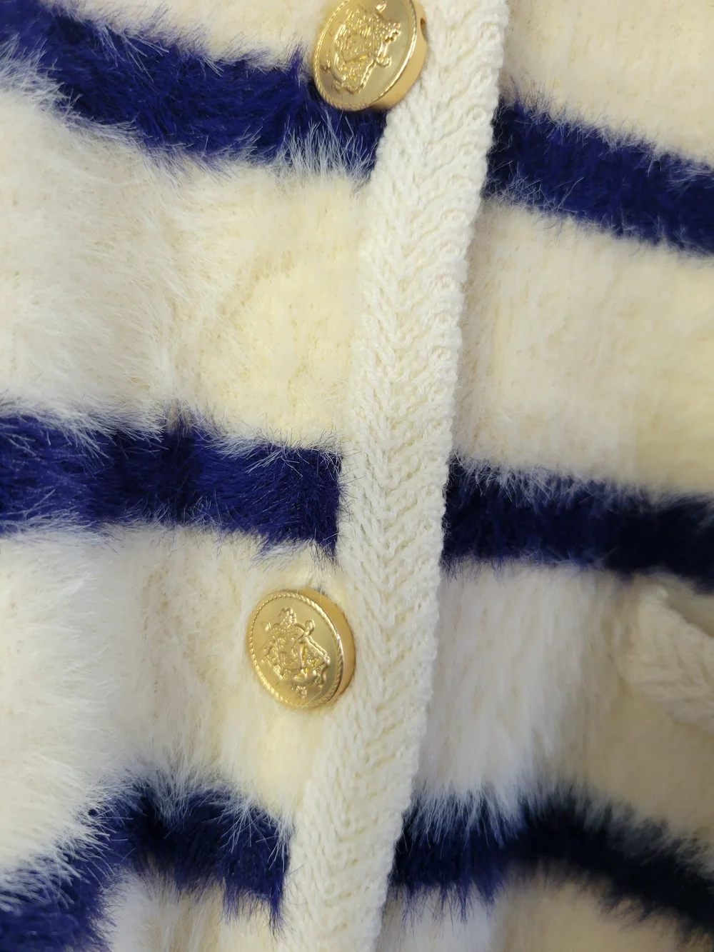 J. Crew Cream Fuzzy V‑Neck Cardigan with Navy Stripes